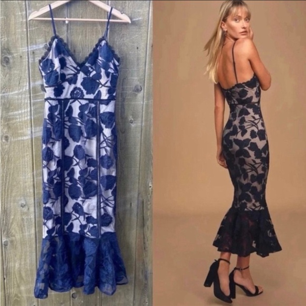 Lulus Alluring Dream Navy Blue Floral Mesh Lace Trumpet Midi Dress
